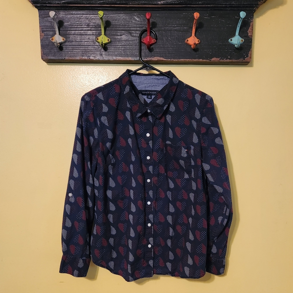 Tommy Hilfiger women's black blouse with hearts. Perfect for Valentines Day!!